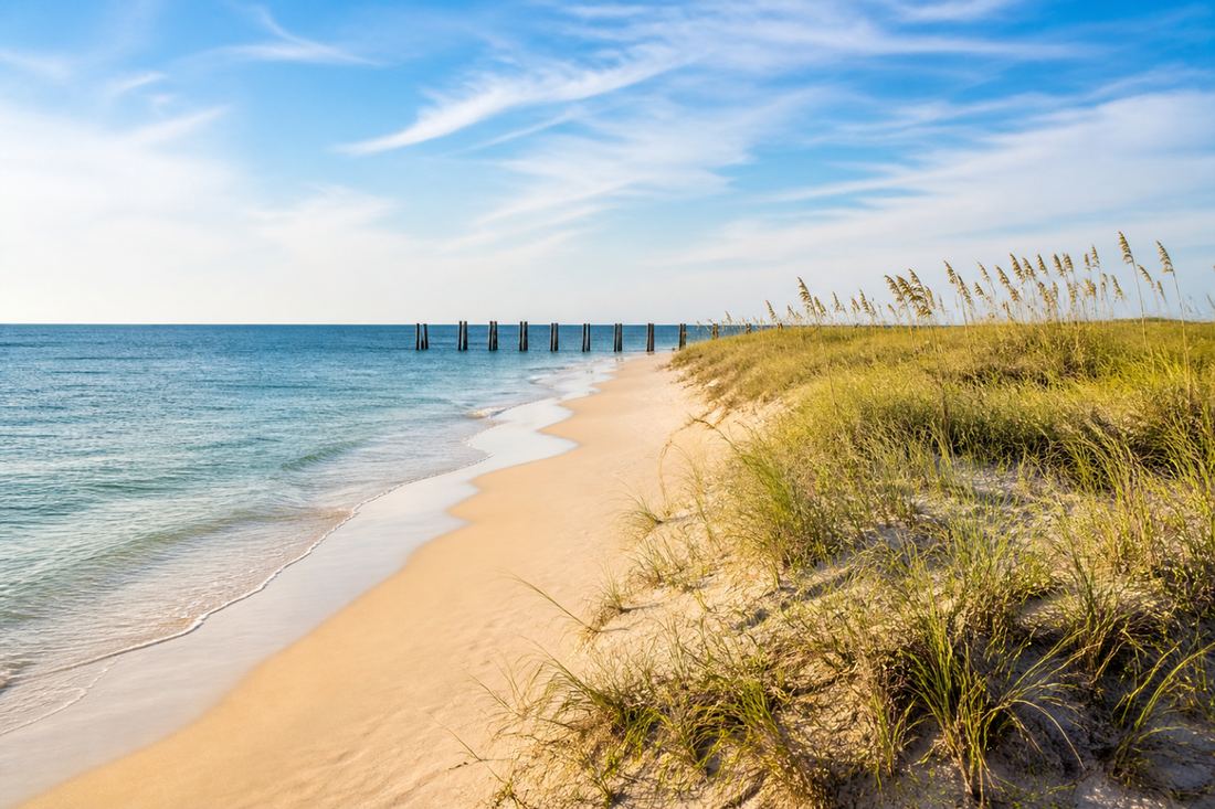 Soft morning light on a Brunswick County beach shoreline with dunes and calm Atlantic water