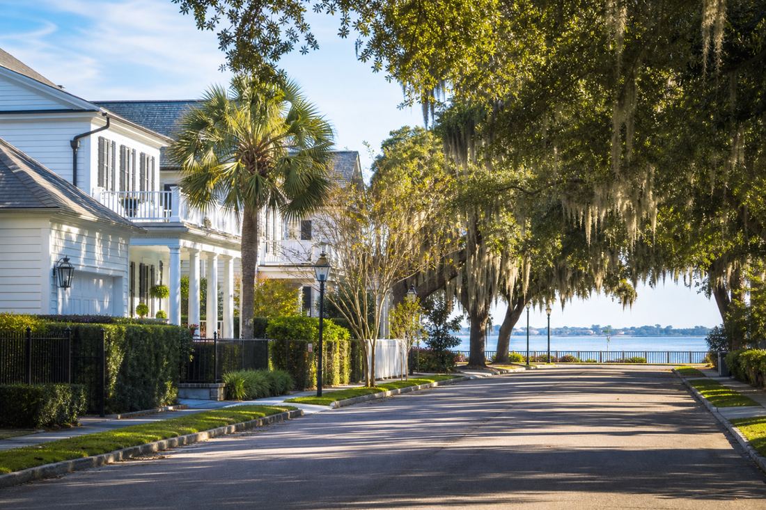 Bright coastal Wilmington neighborhood with oak canopy and a glimpse of river water