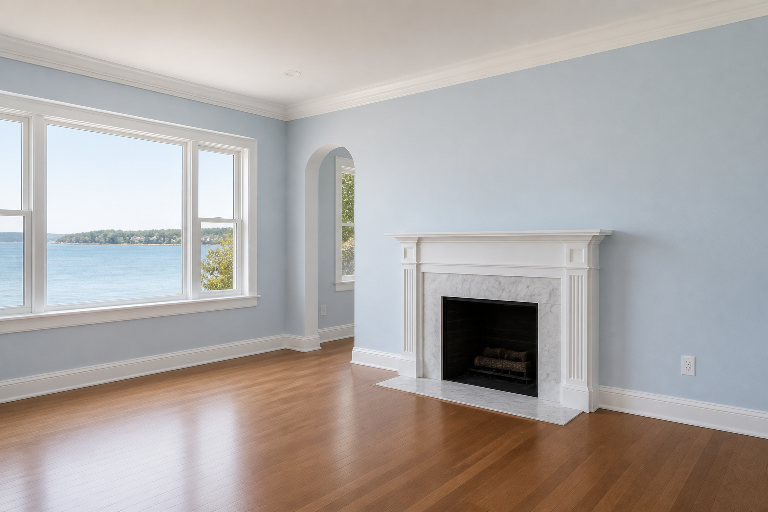 Illustrative interior room after soft blue walls and crisp white trim