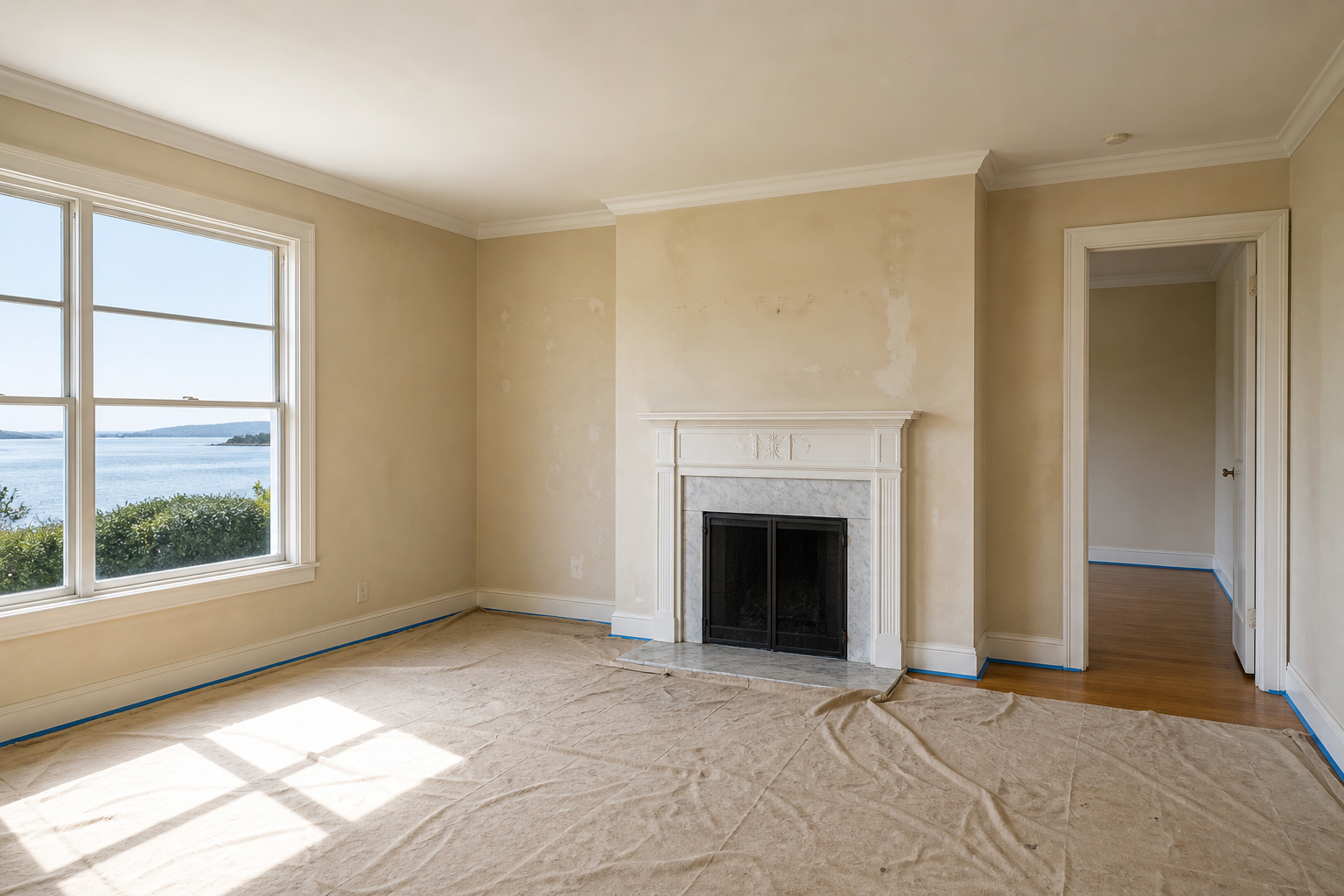 Illustrative interior room before paint — scuffed walls and drop cloths