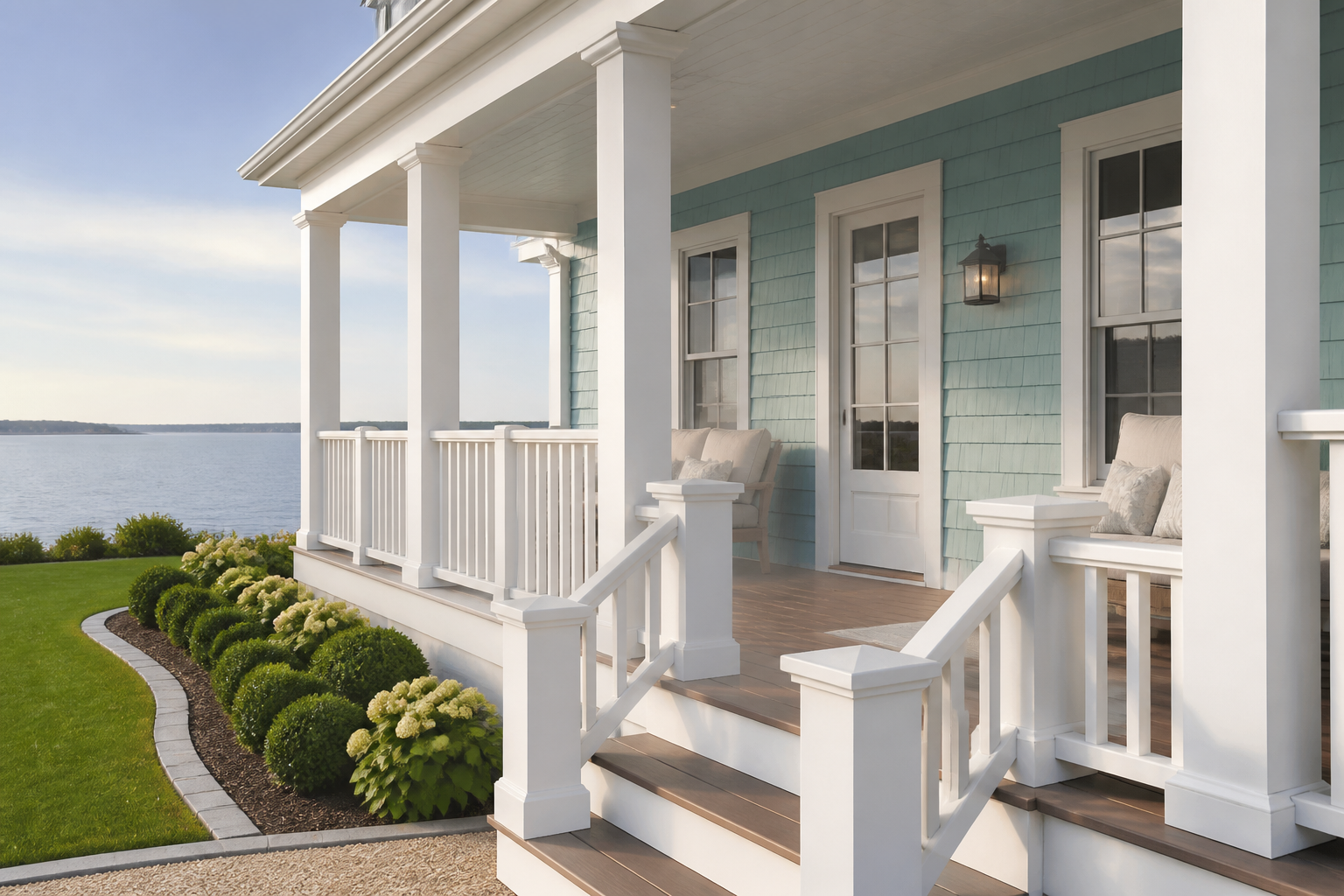 Illustrative coastal porch after fresh paint and trim