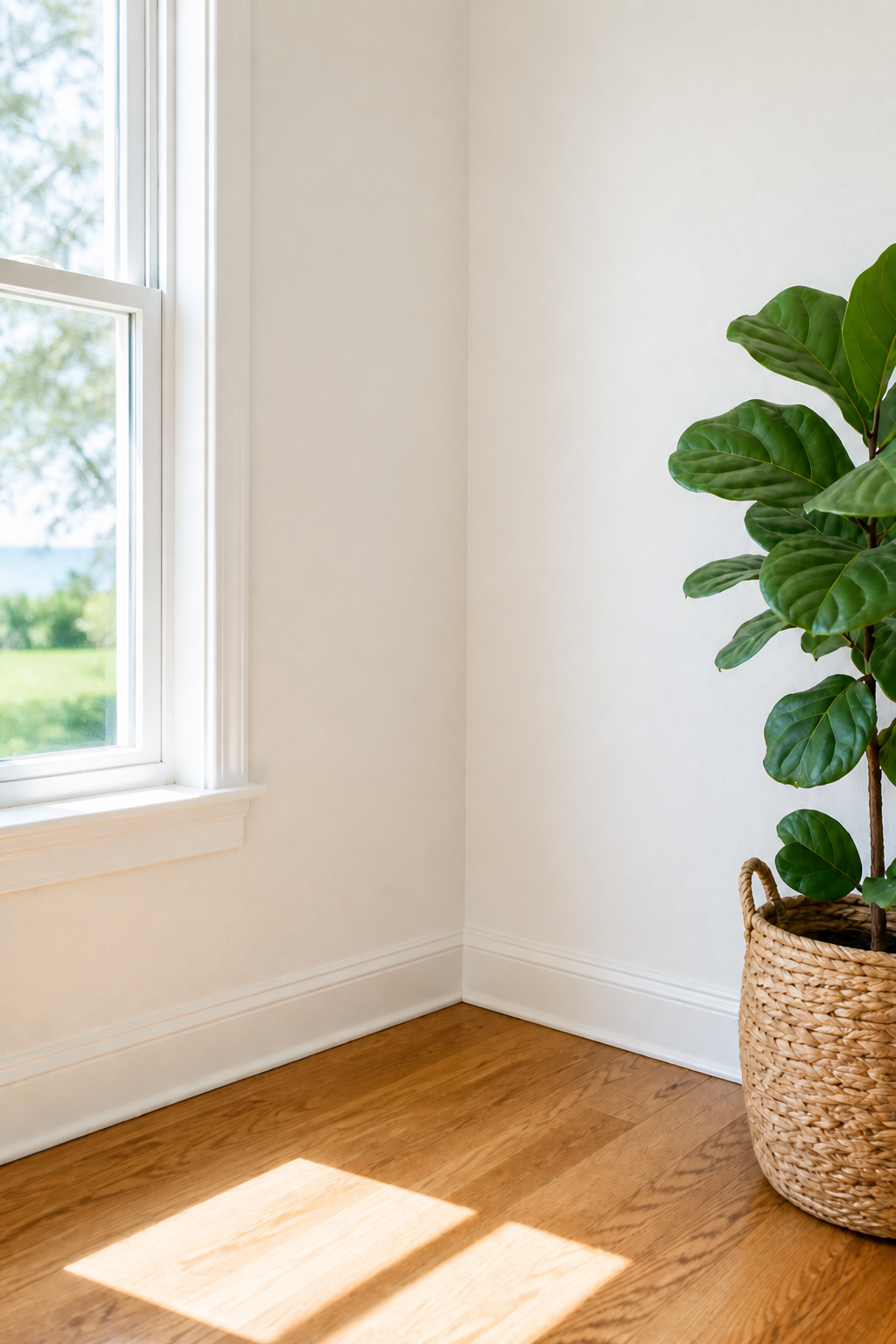 Same interior corner restored with clean white walls, window, and plant — no mold