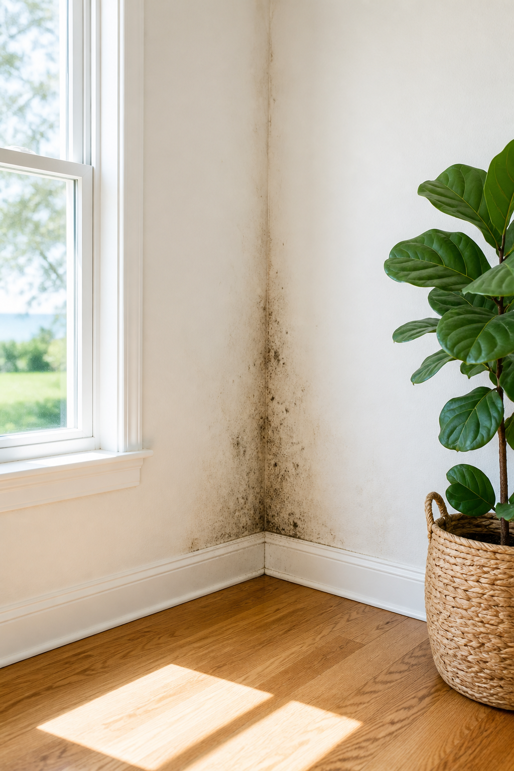 Interior corner with mold growth along white walls near a window and baseboard