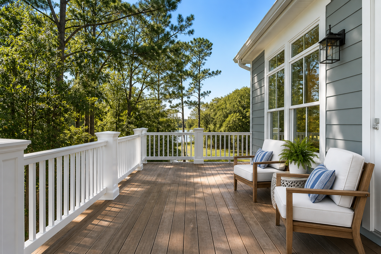 Stained outdoor deck with crisp white railings and coastal siding