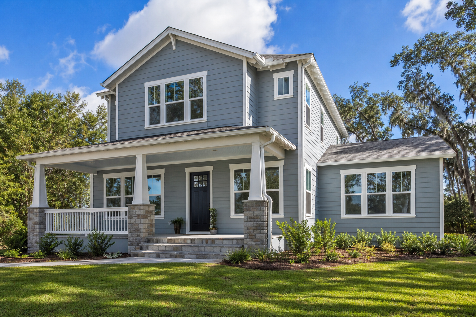 Coastal craftsman home with soft blue-gray siding and crisp white trim