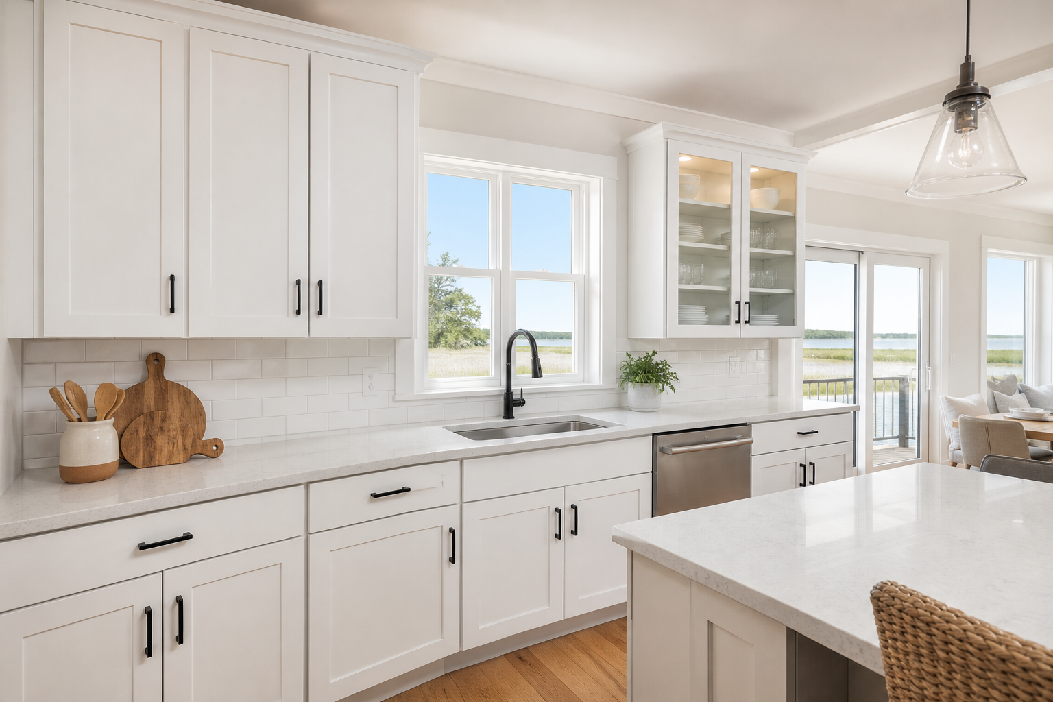 Coastal kitchen with freshly painted white cabinets and trim