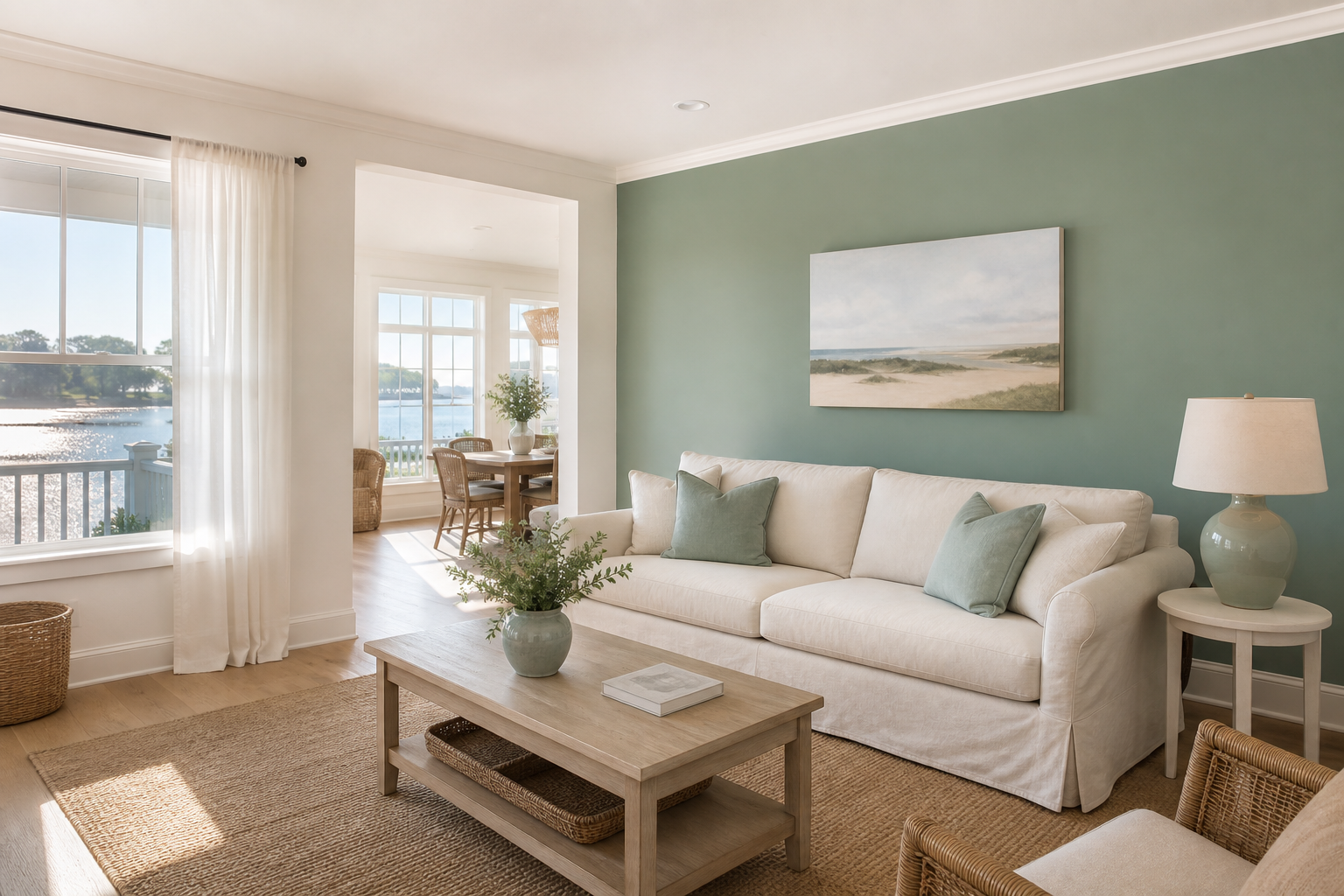Bright living room with soft sage accent wall and white trim