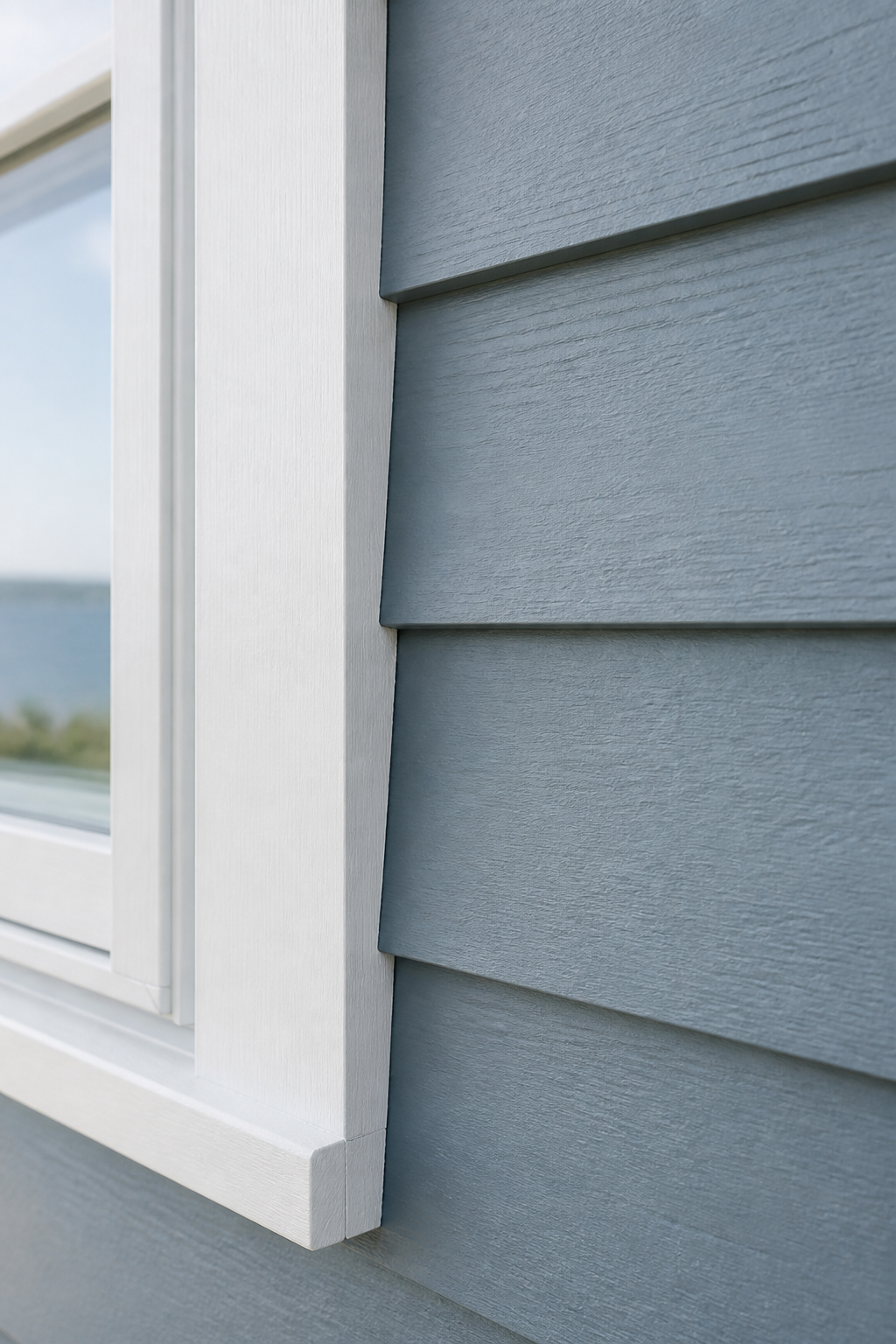 Close-up of crisp white window trim on coastal blue-gray siding
