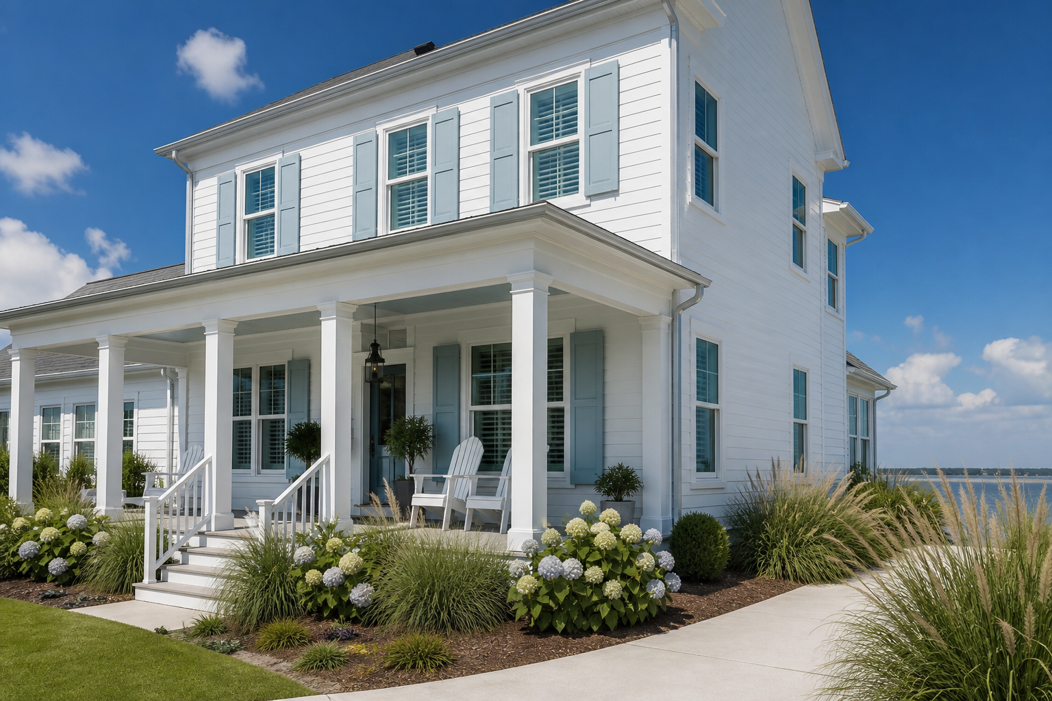 Bright coastal home with clean white siding, porch, and freshly maintained walkway