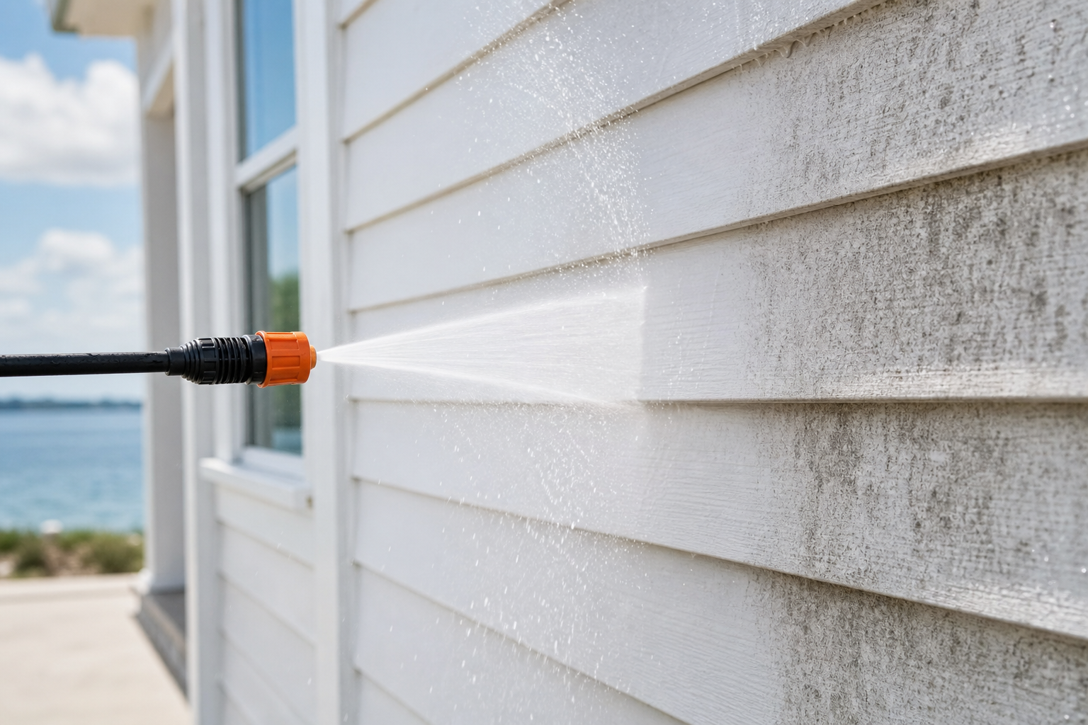 Close-up of pressure washing cleaning coastal siding in daylight